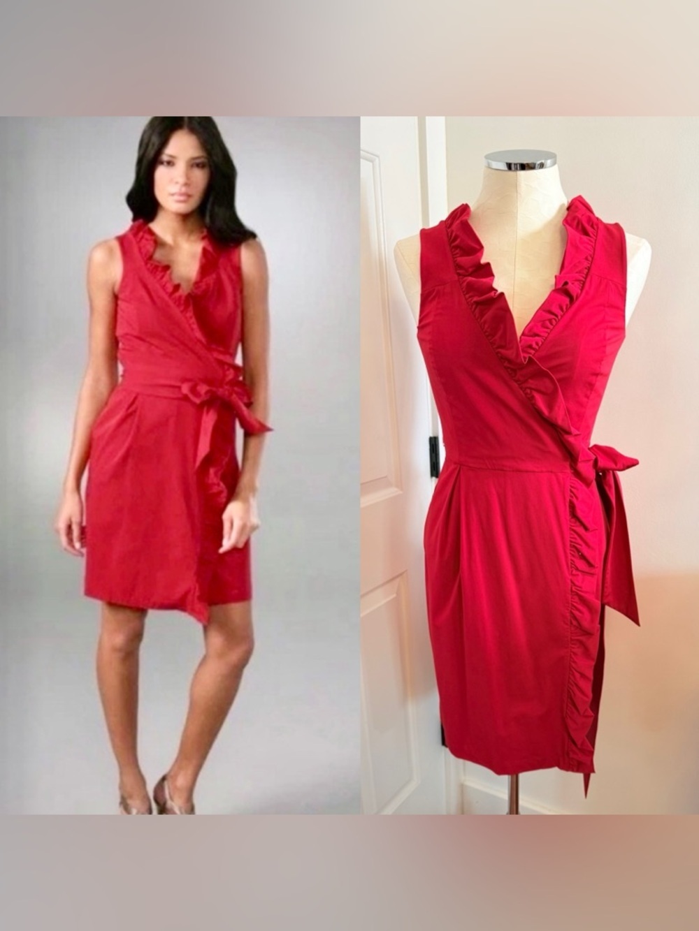 Diane Von Furstenberg Bright Red Ruffle-Trim Wrap Mini Dress
